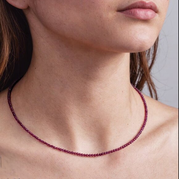 Garnet Beaded Choker Necklace Dainty Red Gemstone January Birthstone Jewelry - Picture 1 of 11